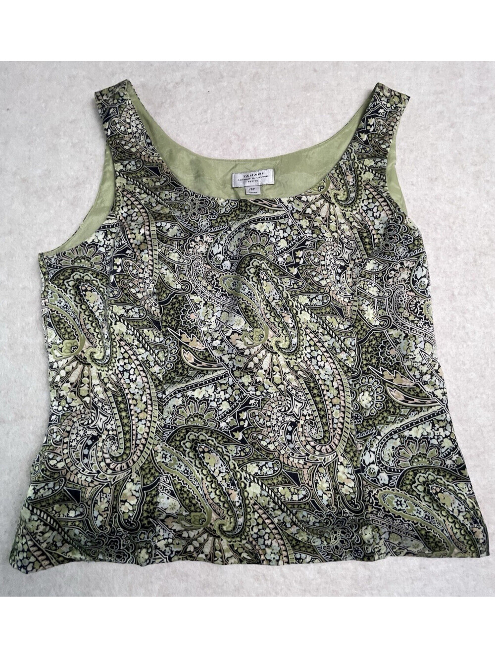 Tahari Arthur S Levine Silk Tank Top Womens 8P Petite Green Paisley Side Zip
